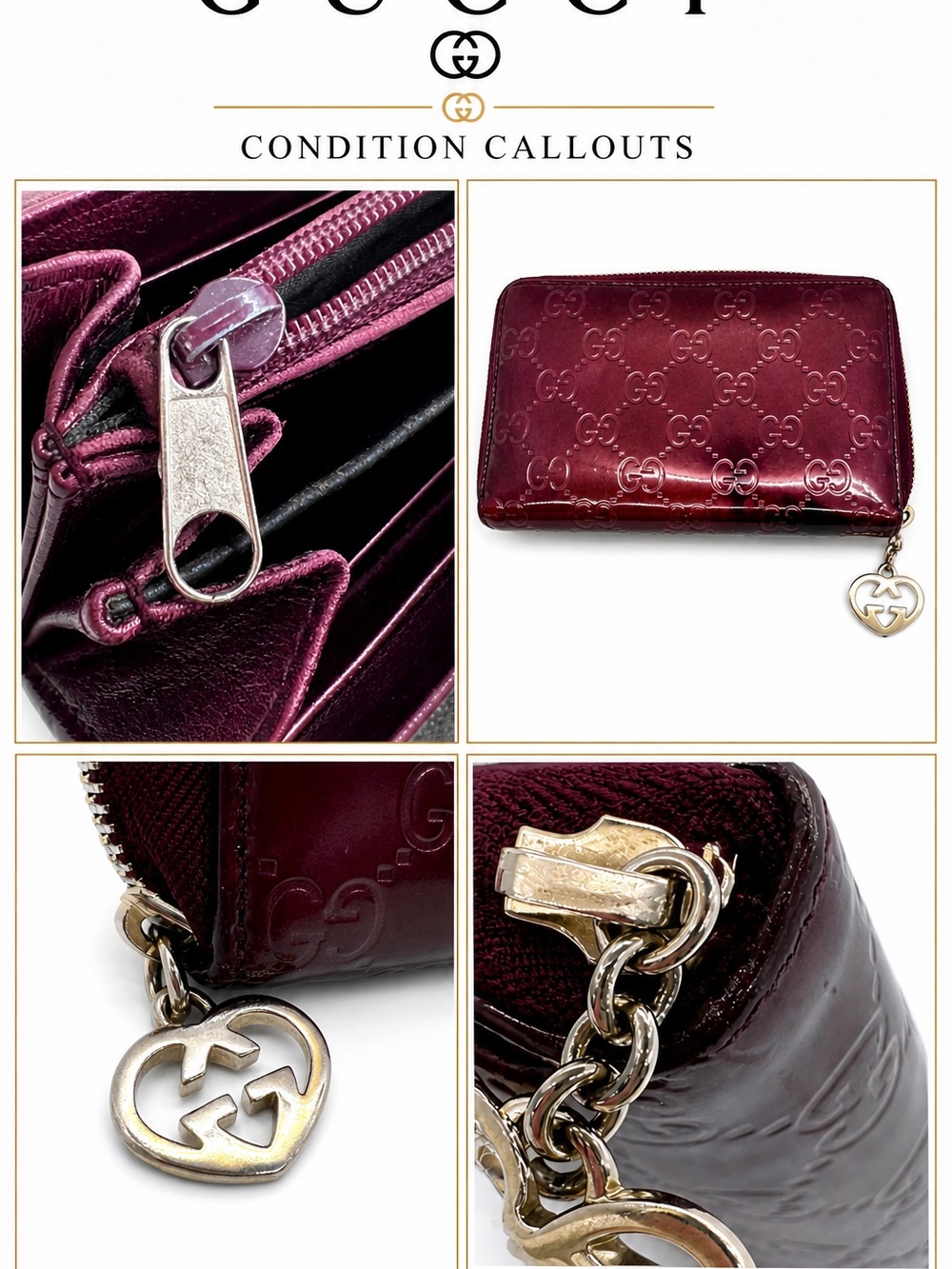 Gucci GG Embossed Lovely Heart Zip Wallet Burgundy Patent COA - Picture 5 of 16